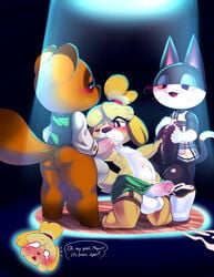 3boys absurdres animal_crossing anthro black_body blush bodily_fluids bottomless brown_body brown_fur canid canine canis chubby crossdressing cum cum_drip cum_in_mouth cum_inside cum_on_body cum_on_face cum_on_ground cumshot dialogue domestic_cat domestic_dog ejaculation erection felid feline felis fellatio fur furry genderswap genital_fluids genitals group group_sex highres huge_cock huge_penis huge_testicles humanoid_genitalia humanoid_penis isabelle_(animal_crossing) large_ass large_testicles maehdoggie male male_only male_with_male mammal nintendo open_mouth oral penile penis penis_out punchy_(animal_crossing) raccoon_dog rule_63 sex shih_tzu smile tanuki testicles text threesome tom_nook topless toy_dog trap wide_hips yaoi yellow_body yellow_fur