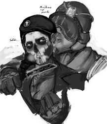 1boy 1girls beret brazilian brazilian_female breast_grab breasts caveira_(rainbow_six) cleavage clothed clothed_female clothed_male ear_licking earrings facepaint female gloves heavy_breathing helmet jackal_(rainbow_six) knife latina ponytail rainbow_six rainbow_six_siege saliva spain tearing_up text threatening tom_clancy ubisoft uncomfortable video_games white_background wrongnhoka