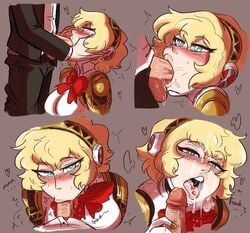 1boy 1girls aegis_(persona) aigis_(persona) android atlus blonde_hair blue_eyes blush cum cum_drip cum_in_mouth cum_on_face deepbeef deepthroat fellatio head_grab makoto_yuki male_pov oral persona persona_3 pov scruffyturtles short_hair tongue_out