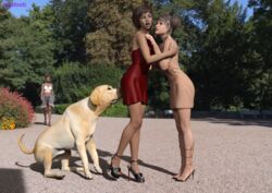 2girls 3d canine clothed_female daz_studio dog exhibitionism female female_human/male_feral goditseb high_heels imminent_bestiality imminent_sex sniffing threesome zoophilia