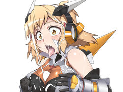 1boy blush bodysuit breast_squeeze breasts brown_hair censored cum cum_on_body cum_on_breasts cum_on_upper_body ejaculation female gauntlets hair_ornament hairclip headgear looking_at_viewer medium_breasts orange_eyes paizuri penis senki_zesshou_symphogear shiny shiny_clothes shiny_hair shiny_skin short_hair simple_background solo_focus straight tachibana_hibiki_(symphogear) tongue tongue_out toranpo_rintarou white_background