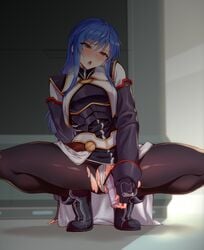 1girls absurdres arm_support armor bangs bar_censor black_footwear black_gloves black_legwear black_sleeves blue_eyes blue_hair blush breastplate censored clothed_masturbation clothing dildo female female_only fingerless_gloves gloves hair_between_eyes head_tilt highres huge_filesize light-skinned_female light_skin long_hair maria_traydor masturbation momihige_(mo3hig3) nose_blush object_insertion open_mouth panties panties_aside pantyhose pussy pussy_juice solo solo_female spread_legs squatting star_ocean star_ocean_till_the_end_of_time sweat thighs torn_clothes torn_legwear underwear vaginal_object_insertion vaginal_penetration waist_cape white_panties