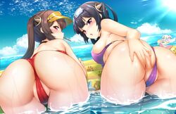 3girls ass ass_grab big_ass cameltoe female female_only ipuu_(el-ane_koubou) large_breasts looking_at_viewer looking_back multiple_girls outdoors outside partially_visible_vulva pussy sea swimsuit thick_thighs thigh_gap thighs