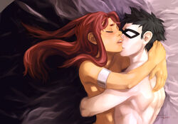 1boy 1girls black_hair blush closed_eyes dc dc_comics dick_grayson domino_mask embrace female hugging implied_sex interspecies kissing_cheek koriand'r male nude open_mouth orange_skin pale_skin pinku red_hair robin_(dc) robin_(dick_grayson) romantic starfire straight teen_titans