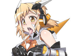 1boy blush bodysuit breast_squeeze breasts brown_hair censored cum cum_on_body cum_on_breasts cum_on_upper_body ejaculation female gauntlets hair_ornament hairclip headgear looking_at_viewer medium_breasts orange_eyes paizuri penis senki_zesshou_symphogear shiny shiny_clothes shiny_hair shiny_skin short_hair simple_background solo_focus straight tachibana_hibiki_(symphogear) tongue tongue_out toranpo_rintarou white_background