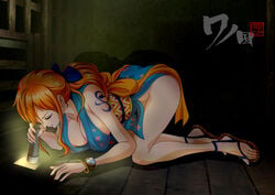 1girls all_fours arm_tattoo bare_shoulders blue_tattoo breasts canonical_scene closed_eyes closed_mouth collarbone earrings female female_only going_commando hair_ornament hair_ribbon hanging_breasts highres indoors japanese_clothes japanese_text jewelry kimono kunoichi large_breasts long_hair nami_(one_piece) nipple_slip nipples no_bra no_panties onami one_piece orange_hair orange_hair_female ponytail raida_(j5einmnjp3r49k6) ribbon sandals shiny shiny_hair solo solo_female spying tattoo text translated wano_country