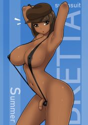 2d 2d_artwork armpits arms_up athletic_female athletic_futanari bangs big_breasts bob_cut breasts bretta_(capydiem) brown_eyes brown_hair busty dark-skinned_futanari dark_skin flaccid flaccid_penis foreskin futa_focus futa_only futanari hands_behind_head hourglass_figure large_breasts navel penis penis_out pinup pinup_pose saberrung short_hair sling_bikini slingshot_swimsuit standing wide_hips