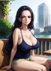 1girls 2d ai_generated big_breasts breasts_bigger_than_head chest cleavage curvy curvy_figure cute detailed eyelashes eyeshadow female female_focus female_only fit fit_female high_quality huge_breasts large_breasts leg lips lipstick makeup mascara mature mature_female nero100 nico_robin one_piece outdoors outside public seductive seductive_lookstable_diffusion shorts sitting solo tagme tank_top tanktop thighs thin_leg thin_thighs thin_waist