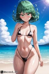 ai ai_generated beach bikini curvy curvy_figure female green_eyes green_hair one-punch_man shiny_skin small_breasts stable_diffusion tatsumaki thick_thighs wide_hips xceed