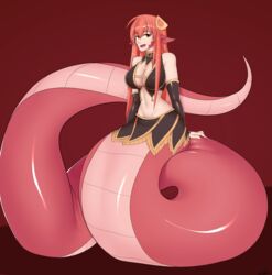 clothed clothing fang_out female female_only g-lahndi hair_clip humanoid lamia long_hair miia_(monster_musume) monster monster_girl monster_musume monster_musume_no_iru_nichijou naga pointy_ears red_hair reptile sitting sitting_on_tail snake snake_girl solo tail yellow_eyes