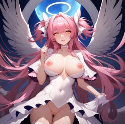 ai_generated big_breasts bottomless breasts breasts_out female female_only goddess highres long_hair madoka_kaname magic_user magical_girl magical_girl_outfit mahou_shoujo_madoka_magica pink_hair puella_magi_madoka_magica pussy pussy_peek slutty_outfit solo tagme twintails ultimate_madoka very_long_hair voluptuous voluptuous_female yellow_eyes