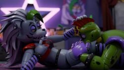 1boy 1girls 3d 3d_(artwork) animatronic anthro bottomless eating_pussy finger_in_mouth five_nights_at_freddy's five_nights_at_freddy's:_security_breach furry green_body grey_body montgomery_gator_(fnaf) purple_lipstick pussy_eating red_eyes red_tank_top roxanne_wolf_(fnaf) roxanne_wolf_(x3milky) tank_top th3shad0wtak3s wolf wolf_ears wolf_girl wolf_humanoid yellow_eyes