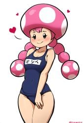 aged_up ai_generated blush female_focus heart mario_(series) mushroom_humanoid nintendo novelai one-piece_swimsuit pink_hair school_swimsuit simple_background super_mario_bros. swimsuit toadette twin_braids white_background