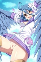 1girl blue_feathers blue_hair clitoral_hood cosplay female female_focus female_only hair_ornament harpy hoodie lindaroze monster_musume_no_iru_nichijou neptune_(neptunia) neptunia_(series) nipple nipples no_bra no_panties papi_(monster_musume) petite pussy short_hair small_breasts smile tits_out wings