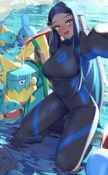 1girls 6+others aqua_eyes aqua_hair black_bodysuit blue_hair bodysuit breasts chewtle dark-skinned_female dark_skin diving_suit drednaw female full_body game_freak haska_(user_gure4787) holding holding_hose hose kneeling long_hair looking_at_viewer mudkip multicolored_hair multiple_others nessa_(pokemon) nintendo outdoors pokemon pokemon_(creature) pokemon_(species) pokemon_ss pokemon_swsh pouring_onto_another selfie sidelocks smile very_long_hair water wetsuit