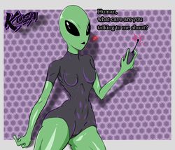 1girls alien alien_girl big_ass black_eyes cute female green_skin kosa latex pussy text