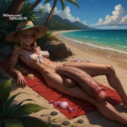 ai_generated beach beach_towel big_balls big_glans big_penis blonde_hair condom flaccid futanari highres huge_cock human lying_on_back skinny small_breasts stable_diffusion sunglasses sydlorem thick_penis used_condom veiny_penis