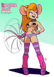 anthro anthrofied blue_eyes breasts brown_hair chip_'n_dale_rescue_rangers disney female gadget_hackwrench high_heels hotpants nipple_tape open_toe_shoes pasties platform_heels prostitute rodent solo standing taped_nipples tekuho x_pasties