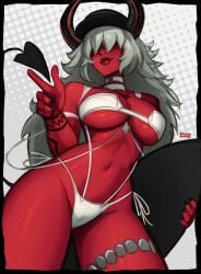 1girls beads bikini black_nails choker collar demon demon_girl demon_horns demon_tail desdemona_(fortnite) eyes_covered finger_gun fortnite fortnite:_battle_royale heart_tail holding_object horns lips magaska19 medium_breasts messy messy_hair navel plump red_lips red_skin sharp_fingernails side-tie_bikini simple_background solo surfboard swimsuit swimwear tattoo thigh_strap thighs white_hair