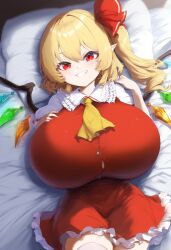 ai_generated ameanon big_breasts blonde_hair breasts flandre_scarlet huge_breasts large_breasts on_back on_bed pointy_ears red_eyes tight_clothing touhou