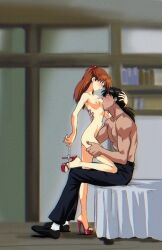 1boy age_difference amondetauro asuka_langley_sohryu bed blush breasts english_commentary female high_heels highres navel neon_genesis_evangelion nipples nude orange_hair ryoji_kaji saliva sitting straight undressing