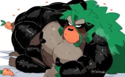 2024 anthro ape bed big_pecs black_clothing blush bodily_fluids brown_body bulge bunny_costume carrot clothing costume digital_drawing_(artwork) digital_media_(artwork) food furniture generation_8_pokemon gorilla green_hair hair haplorhine heart_pasties heart_symbol hi_res hyaku_(artist) kemono leaf leaf_hair leather leather_clothing looking_at_viewer lying male mammal muscular muscular_anthro muscular_male nintendo on_side pasties pecs plant plant_hair playboy_suit pokemon pokemon_(species) primate pseudo_hair rillaboom simple_background solo sweat sweatdrop thick_thighs vegetable