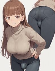 1futa ai_generated brown_eyes brown_hair brunette brunette_futa bulge bulge_through_clothing clothed clothed_futanari covered_breasts covered_penis futa_only futanari large_breasted_futa large_breasts light_brown_hair long_hair pants realistic_breast_size realistic_penis_size smile supergetthi tagme turtleneck