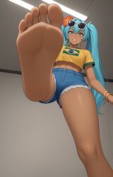 1girls 2d ai_generated big_thighs braless brazil brazilian brazilian_female brazilian_flag brazilian_flag_print brazilian_miku cyan_eyes cyan_hair dark-skinned_female earrings feet feet_fetish female female_only foot_fetish hatsune_miku huge_thighs latin_american_hatsune_miku_(meme) long_hair looking_at_viewer medium_breasts shiroppo shirt short_shorts shorts smile solo stomp stomping tan tan_body tanned_female thick_hips thick_thighs thighs toes twintails underboob vocaloid yellow_shirt