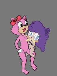 blue_eyes cat_ears cookie cookie_run feline female pancake_(toontown) pink_fur purple_hair size_difference swimsuit teasing toontown_corporate_clash toontown_online witchberry_cookie young