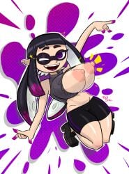 big_breasts black_hair breasts breasts breasts_out gampie hourglass_figure huge_breasts inkling inkling_girl large_breasts nintendo original_character pointy_ears pseudo_hair purple_eyes ripped_clothing smile solo splatoon thick_legs thick_thighs thighs tight_pussy two_tone_fingers two_tone_hair