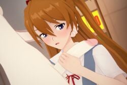 3d asuka_langley_sohryu big_breasts big_penis blue_eyes blush futa_on_female futanari holding_penis mintyhinty neon_genesis_evangelion pale-skinned_futanari rei_ayanami suprised_look