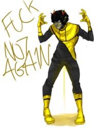 angry black_hair fluffy_hair grey_skin homestuck homestuck_troll horns jumpsuit male male_focus male_only mituna_captor omostuck peeing piss_soaked_clothes pissing_on_floor solo_male yellow_text