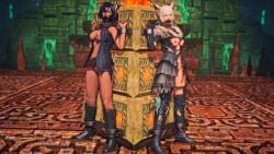 2girls angry au_ra ball_gag bondage cuff_(restraint) cuffs final_fantasy final_fantasy_xiv functionally_nude kisa_kha metal_bondage metal_restraint miqo'te ripped_clothing scared stationary_restraints xaela y'shtola