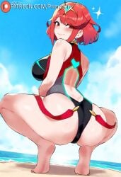 ai_generated ass ass_focus beach booty feet large_ass large_breasts looking_back one-piece_swimsuit primosan pyra_(xenoblade) red_eyes red_hair short_hair smile spread_legs squatting swimsuit xenoblade_(series)