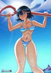 1girls beach bikini bikini_bottom bikini_top black_hair blue_eyes blue_sky clouds kill_la_kill matoi_ryuuko mostly_nude normal_breasts ocean panties rendered shaded sunlight sword young_woman