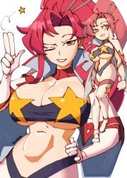 1girls 3amsoda bikini black_bikini breasts chibi cleavage gloves hair_ornament highres huge_breasts jacket large_breasts long_hair navel one_eye_closed open_clothes open_jacket ponytail red_hair space_yoko star_(symbol) swimsuit tengen_toppa_gurren_lagann very_long_hair yellow_eyes yoko_littner