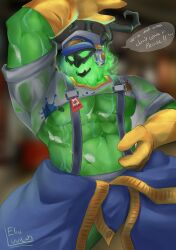 blush bone bottomwear bulge clothing digital_media_(artwork) eliolovicos furry gloves handwear hat head headgear headwear hi_res highres janitor_thresh league_of_legends male male_only not only pants shirt skull solo tencent the_grind_series thresh topwear