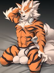 anthro arcanine bedding black_hair black_hair_bottom bulge claws detailed_bulge domination fluffy fluffy_tail furry gay generation_1_pokemon hand_behind_head hi_res kaerufrog kneeling light_hair_on_dark_hair looking_at_viewer male muscular nintendo on_bedding pokemon pokemon_(species) red_eyes smile solo tail white_hair white_hair_on_black_hair white_hair_top