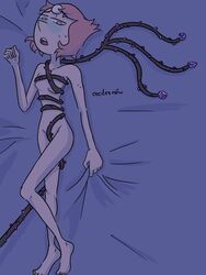 bed blue_eyes blush covered_breasts covered_pussy female female_only lying nude_female open_mouth pearl_(steven_universe) pink_hair short_hair skinny small_breasts steven_universe sweat watermark whip