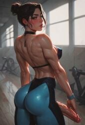 1futa abs ai_generated ass ass_focus ass_pose athletic athletic_futanari back_view ball_bulge balls big_penis black_hair blue_eyes blush bracelet breasts crop_top cum cum_drip cum_dripping cum_dripping_from_penis ear_ring ejaculating ejaculating_cum ejaculation erection fit fit_futanari freckles futa_focus futa_only futanari gym gym_clothes gym_clothing gym_uniform hair_bun hands_up k/da_kai'sa k/da_series kai'sa league_of_legends leggings looking_at_viewer looking_back looking_back_at_viewer medium_breasts muscular muscular_abs muscular_arms muscular_back muscular_futanari muscular_thighs nipple_bulge penis penis_out_of_pants redbisycle seductive_look sports_bra standing thick_ass thick_thighs veiny_penis yoga_pants