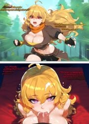 1futa 1girls ai_generated big_breasts blowjob blush cleavage cum cum_in_mouth cum_on_hair fellatio forest forest_background heart heart-shaped_pupils incest instant_loss instant_loss_2koma jacket mother_and_daughter pov purple_eyes raven_branwen red_eyes rwby self_upload text yang_xiao_long yellow_hair yuri