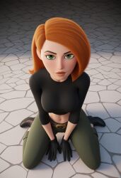 ai_generated belt big_breasts black_shirt civitai gloves green_eyes green_pants kim_possible kimberly_ann_possible kneeling kneeling_on_ground large_breasts long_hair looking_at_viewer orange_hair