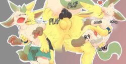 absurd_res anthro duo eeveelution generation_1_pokemon generation_4_pokemon genitals hi_res jolteon kissing knot knotted_penis leafeon male male/male miau miau_stuff nintendo penis pokemon pokemon_(species)