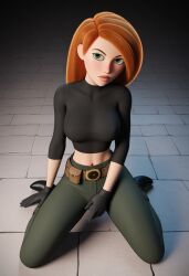 ai_generated belt big_breasts black_shirt civitai gloves green_eyes green_pants kim_possible kimberly_ann_possible kneeling kneeling_on_ground large_breasts long_hair looking_at_viewer orange_hair