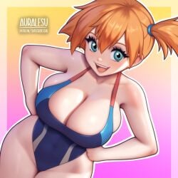 :d ai_generated asymmetrical_hair auralesu bare_shoulders blue_one-piece_swimsuit blush breasts cleavage competition_swimsuit covered_navel creatures_(company) curvy eyelashes female female_focus game_freak gen_1_pokemon green_eyes gym_leader hair_between_eyes hair_tie hands_on_own_hips highres kasumi_(pokemon) large_breasts legs looking_at_viewer misty misty_(pokemon) navel nintendo one-piece_swimsuit open_mouth orange_hair pokemon pokemon_(anime) pokemon_(classic_anime) ponytail short_hair side_ponytail smile solo swimsuit teeth thick_thighs thighs tongue upper_teeth_only wide_hips