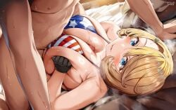 1boy 1girls absurd_res american_flag_bikini bed bed_sheet belko big_breasts bikini bikini_top black_gloves blonde_bikini-san_(belko) blonde_female blonde_hair blue_eyes blush breasts breasts_squeezed_together censored censored_penis dated eyebrows eyebrows_visible_through_hair female female_focus food_themed_hair_ornament gloved_hands gloves hair hair_ornament hi_res light-skinned_female light-skinned_male light_skin lying lying_on_back lying_on_bed mosaic_censoring original original_character paizuri paizuri_under_bikini penis penis_between_breasts penis_peek short_hair twitter_username