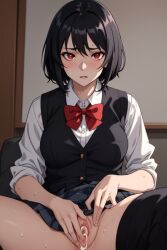 1girls ai_generated alice_the_bully black_hair female female_only masturbation pussy pussy_juice red_eyes school_uniform schoolgirl shirt short_hair solo solo_female sweat upskirt