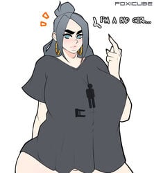 1girls big_breasts billie_eilish celebrity female female_only fit foxicube grey_hair hilly_hellish_(foxicube) hoop_earrings huge_breasts looking_at_viewer messy_hair musician no_panties no_pants no_pupils real_person solo_female thick_eyebrows tshirt