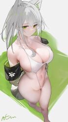 alternate_costume animal_ears arknights bare_legs bare_shoulders barefoot breasts cleavage closed_mouth female from_above green_eyes highres kal'tsit_(arknights) large_breasts looking_at_viewer medium_hair navel omone_hokoma_agm paid_reward_available signature slingshot_swimsuit solo standing stomach swimsuit white_hair white_slingshot_swimsuit