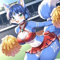 ai_generated anthro blue_hair bra breasts cheerleader cheerleader_uniform dress female fox furry gyonge huge_breasts krystal krystal_(star_fox) large_breasts skirt solo star_fox wide_hips